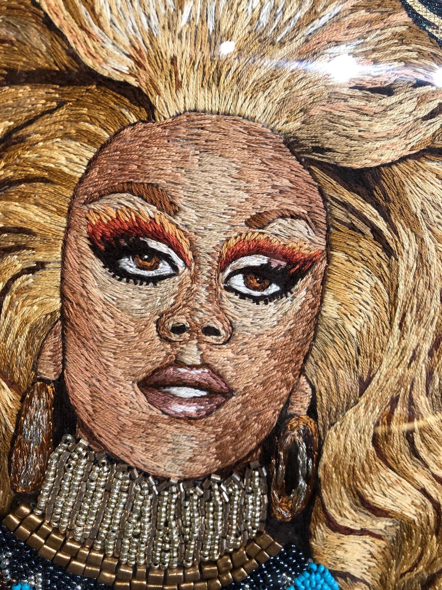 RuPaul in Gold, silk embroidery, beading and paint, framed 1