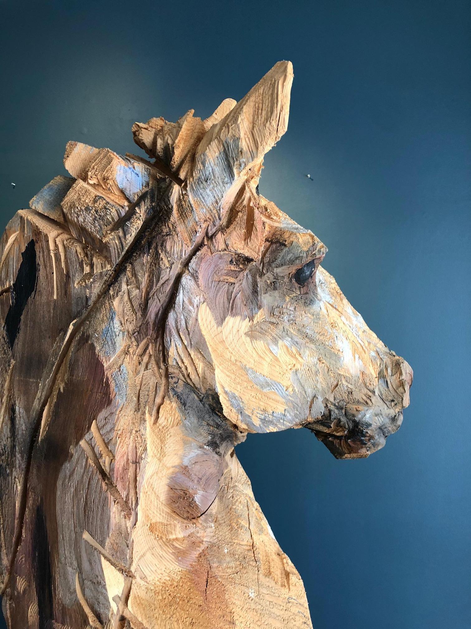 Wood Horse sculpture, carved from oak with a chainsaw, Jürgen Lingl-Rebetez, 2
