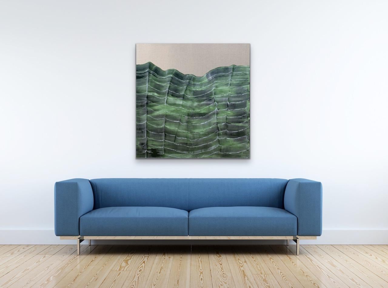'Green strokes 2' by Maria Jose Benvenuto, unique contemporary painting on linen - Black Landscape Painting by Maria José Benvenuto 