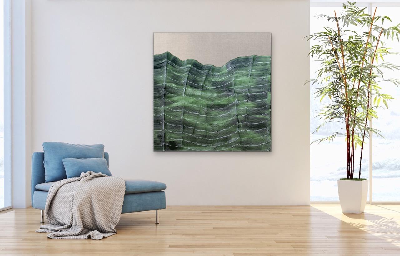 'Green strokes 2' by Maria Jose Benvenuto, unique contemporary painting on linen 1