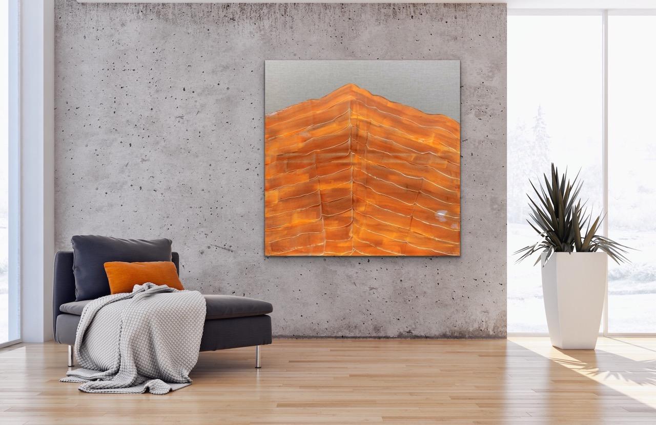 'Orange Mountain' by Maria Jose Benvenuto, unique contemporary painting on linen - Painting by Maria José Benvenuto 