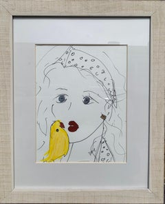 'Blue Eyes, Yellow Bird' Acrylic & Ink Portrait Original Drawing On Paper