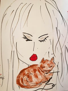 'Women And Brown Cat'  Acrylic And Ink  Original Drawing  On Paper By Devie