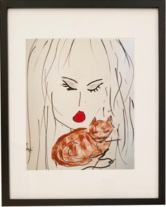 'Women And Brown Cat'  Acrylic And Ink  Original Drawing  On Paper By Devie