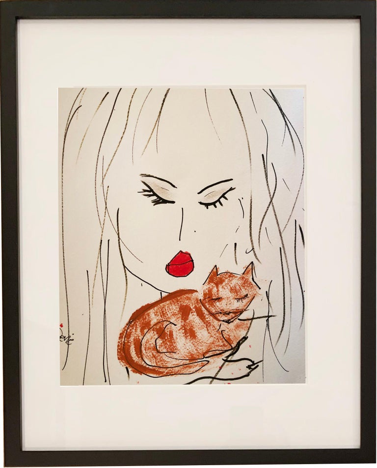 'Women And Brown Cat'  Acrylic And Ink  Original Drawing  On Paper By Devie - Art by Devie Elzafon