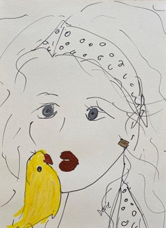 'Blue Eyes, Yellow Bird' Portrait Original Drawing On Paper by Devie