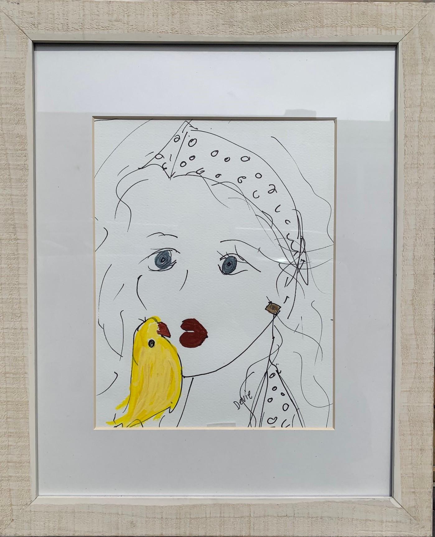 'Blue Eyes, Yellow Bird' Portrait Original Drawing On Paper by Devie - Art by Devie Elzafon