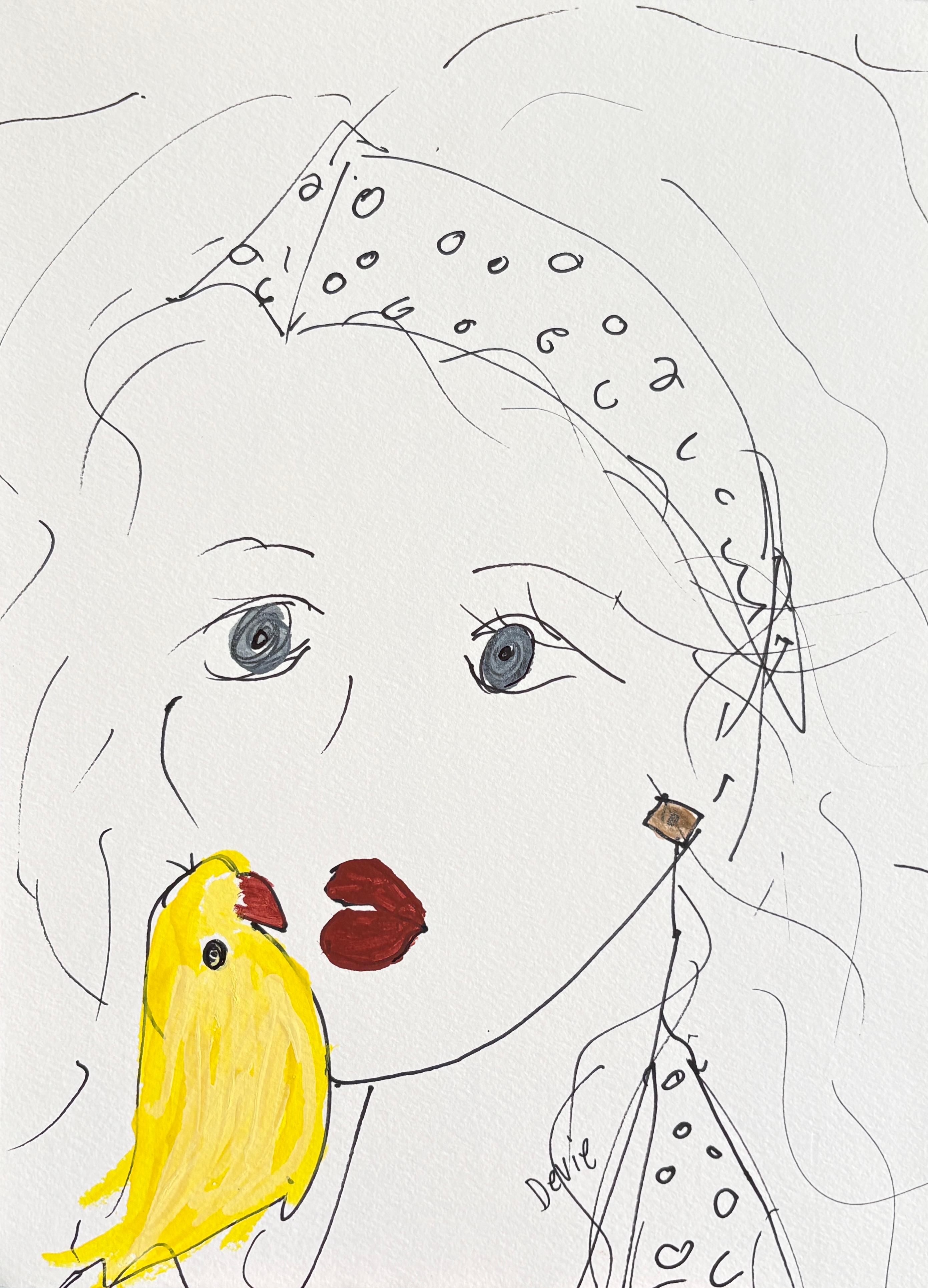 'Ojos azules, pájaro amarillo' Retrato Dibujo original en papel por Devie