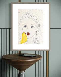 "Bird Kisses" - Contemporary Minimalist Ink and Acrylic Portrait with Bird