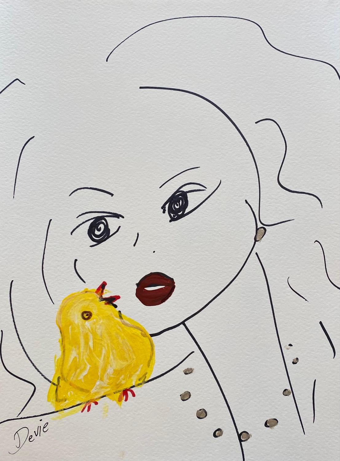 'Talking With Bird' Portrait Original Drawing On Paper by Devie