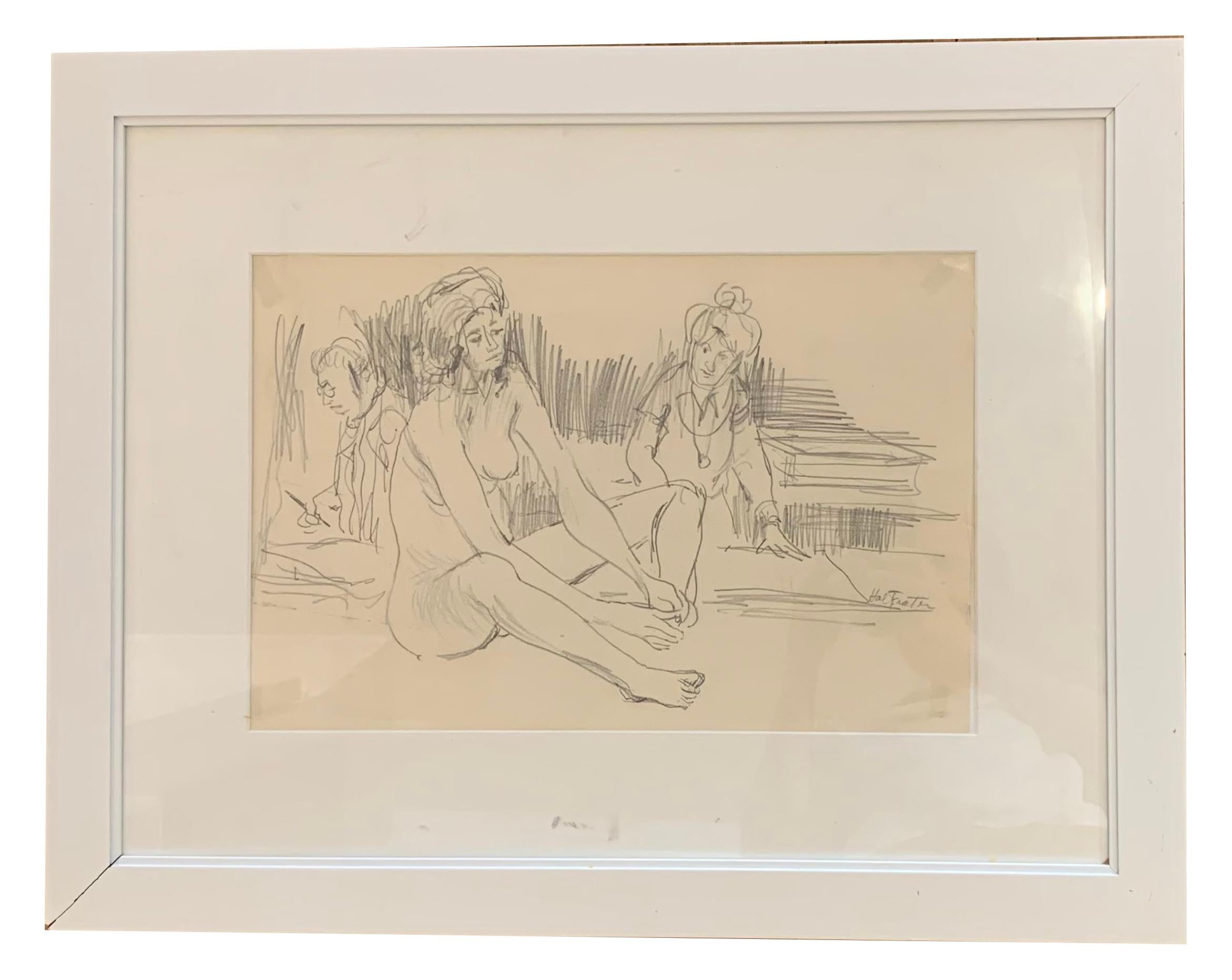 'Painters with a model' Original Drawing By Hal Frater For Sale 1