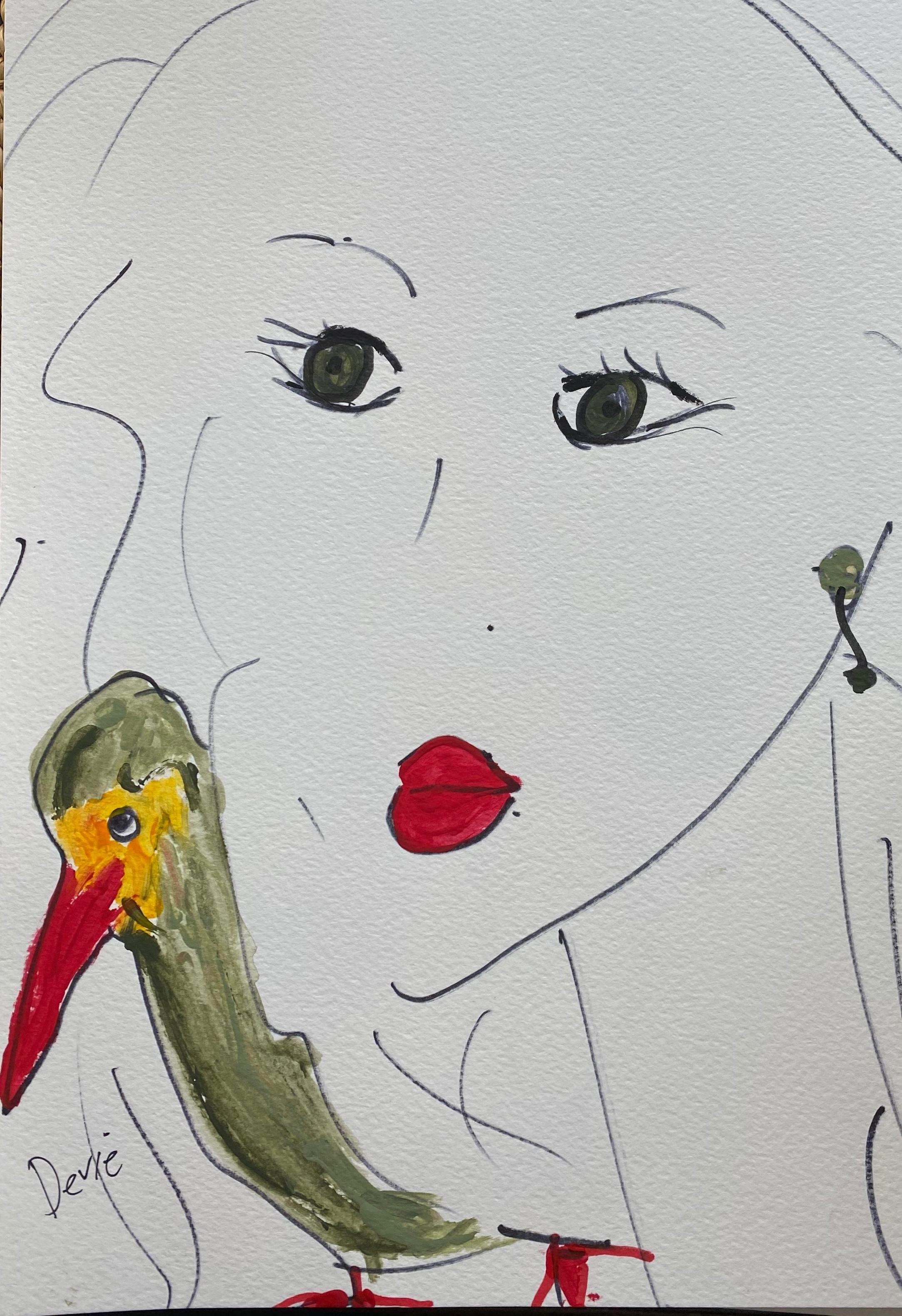 Young Woman With Bird Original Figurative Drawing Acrylic and ink on paper