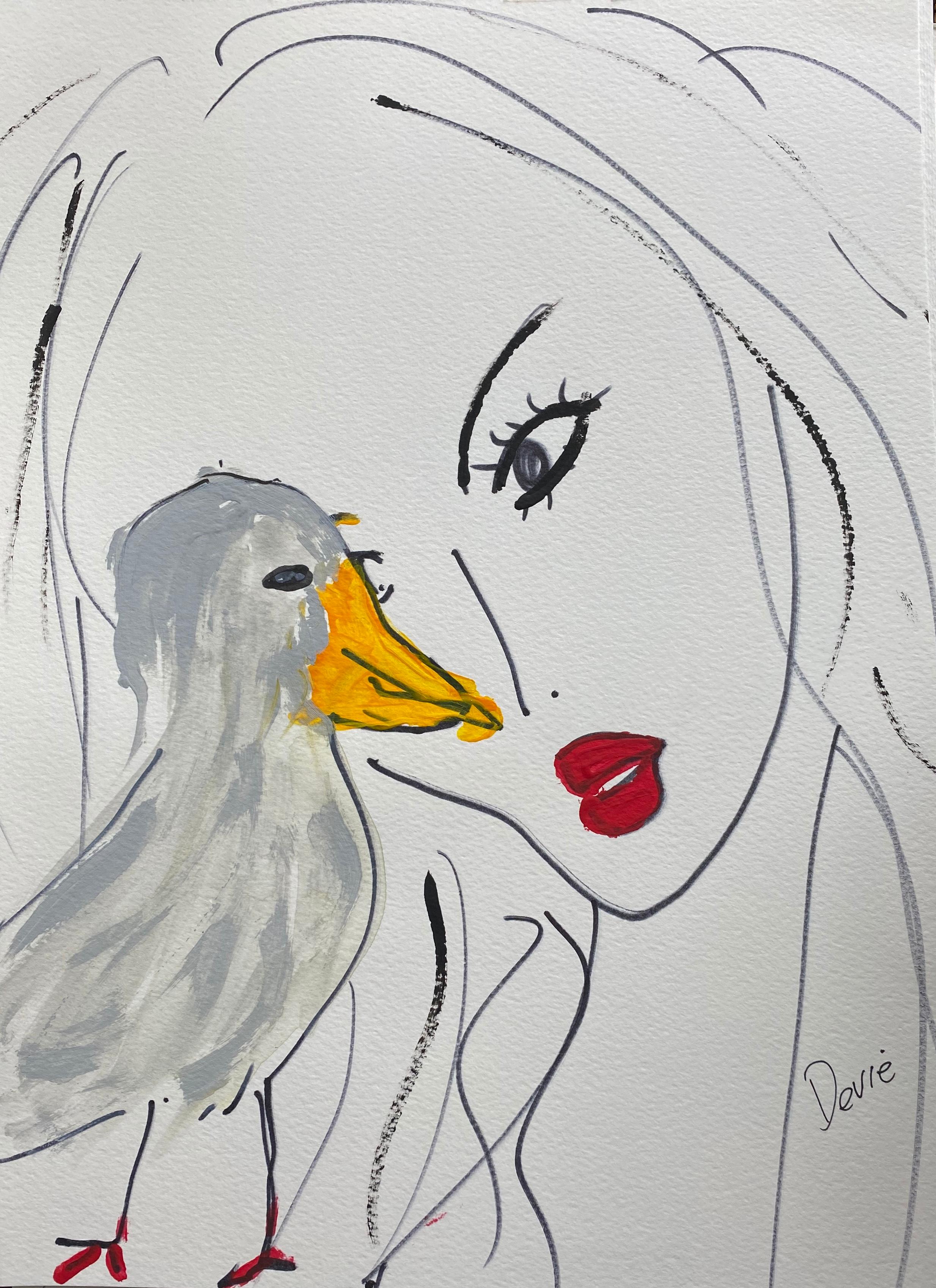 Unknown Portrait - Gray Bird With Yellow Beak  Original Drawing Acrylic and ink on paper Framed