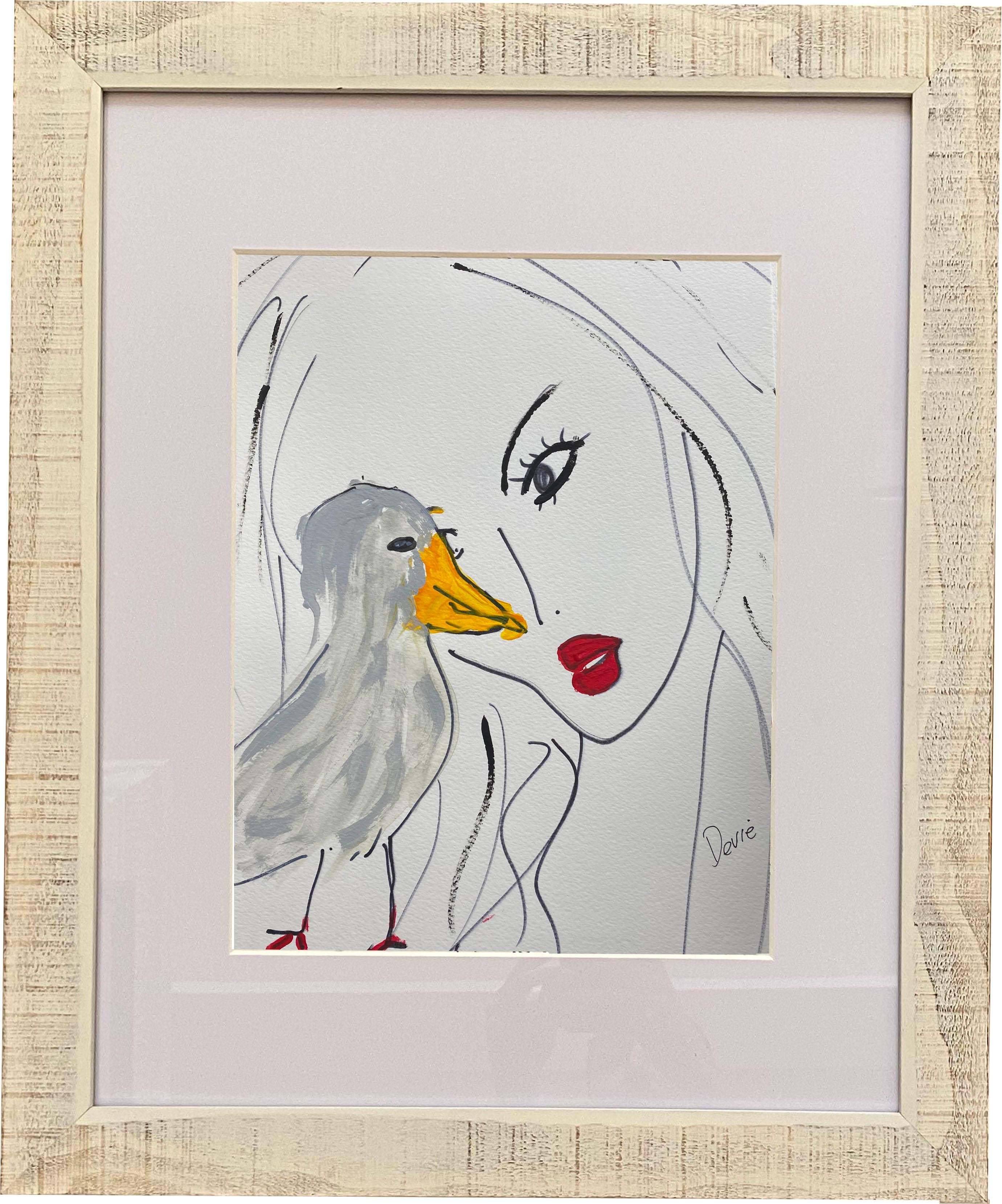 Gray Bird With Yellow Beak  Original Drawing Acrylic and ink on paper Framed - Art by Unknown