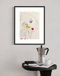 Gray Birds con becco giallo Disegno originale Acrilico e inchiostro su carta Incorniciato