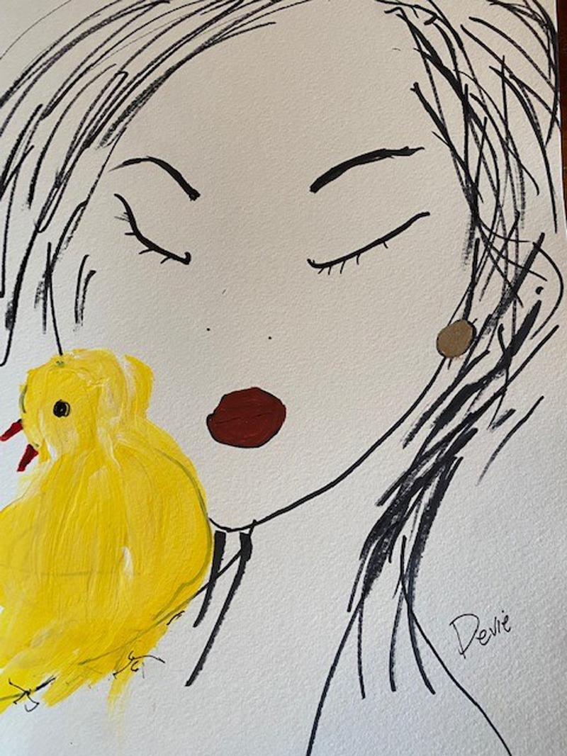 Lèvres rouges  Portrait original d'un oiseau jaune et jaune, dessin sur papier de Devie