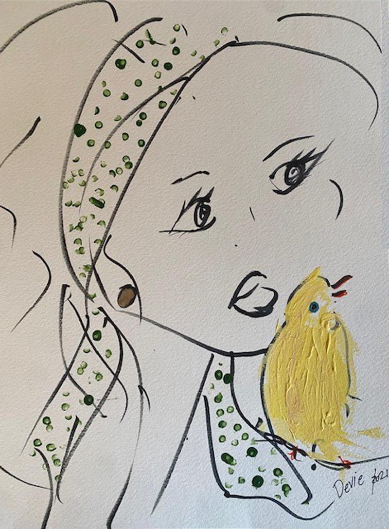 Retrato de mujer con diadema verde y pájaro amarillo  Dibujo original de Devie