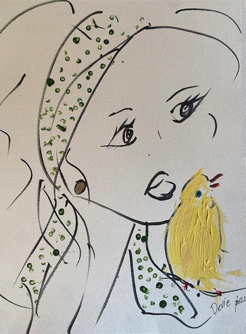 Devie Elzafon Animal Art - 'Woman With Green Headband And Yellow Bird' Portrait  Original Drawing by Devie