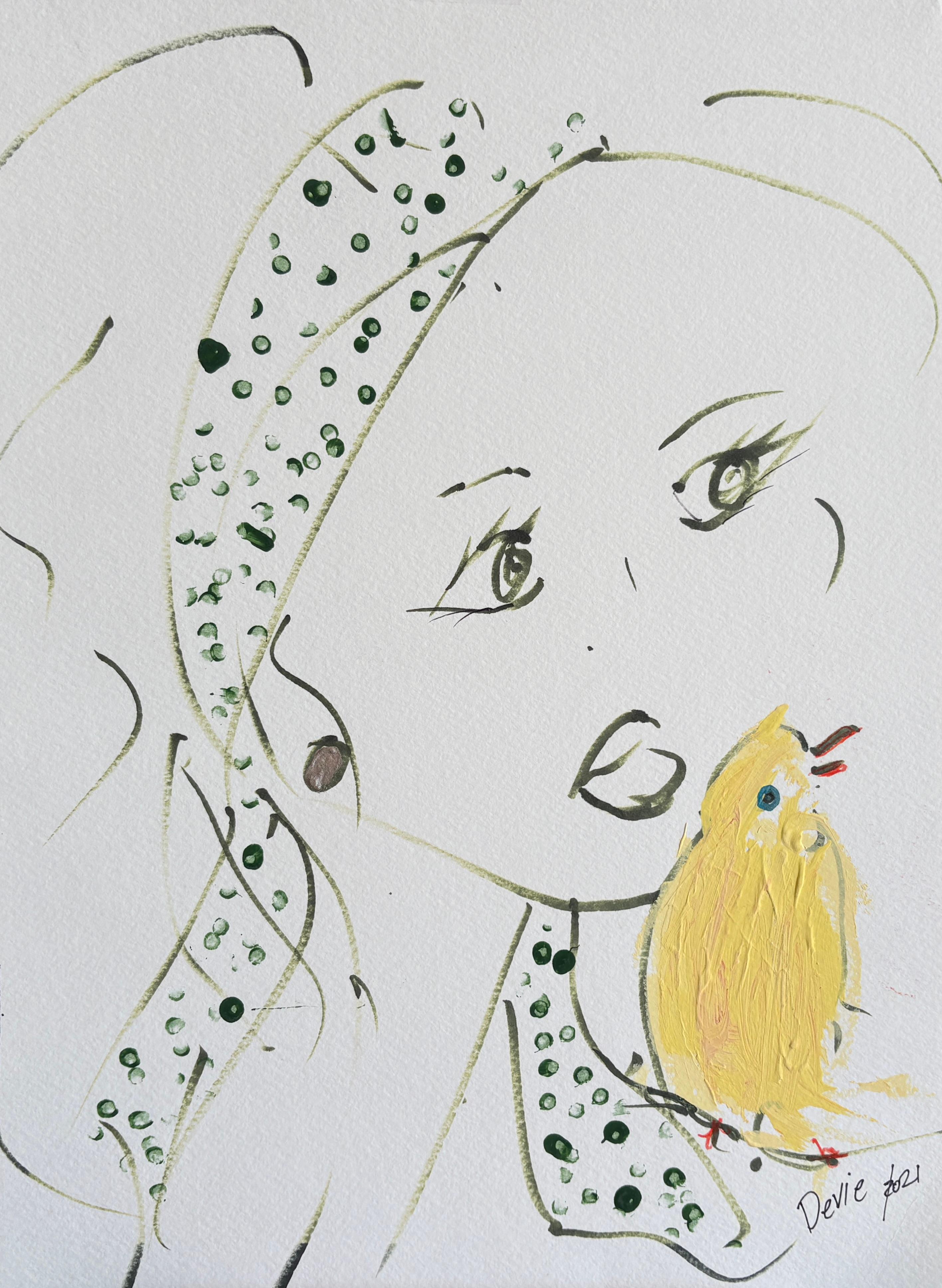 Retrato de mujer con diadema verde y pájaro amarillo  Dibujo original de Devie