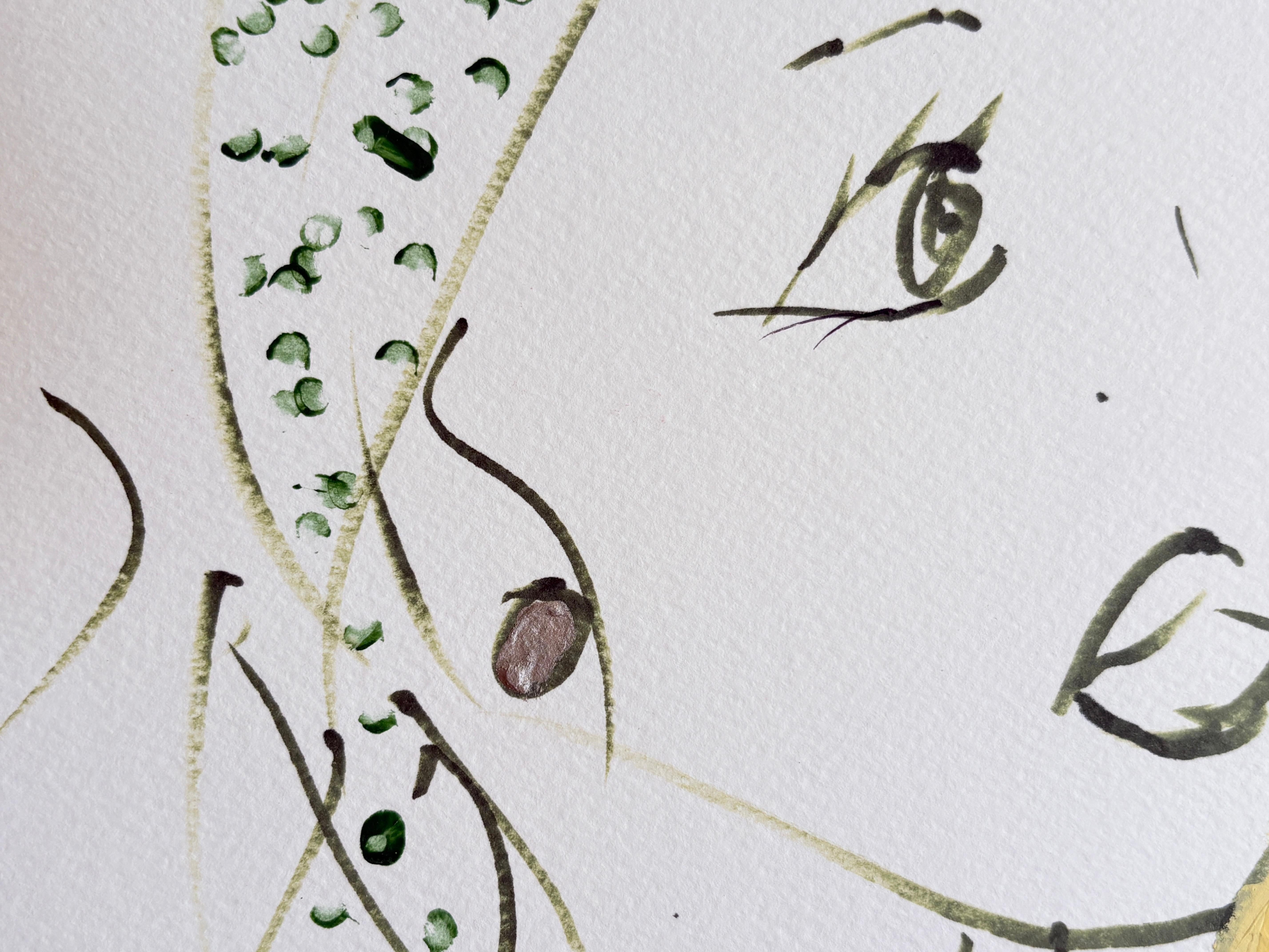 Retrato de mujer con diadema verde y pájaro amarillo  Dibujo original de Devie en venta 2