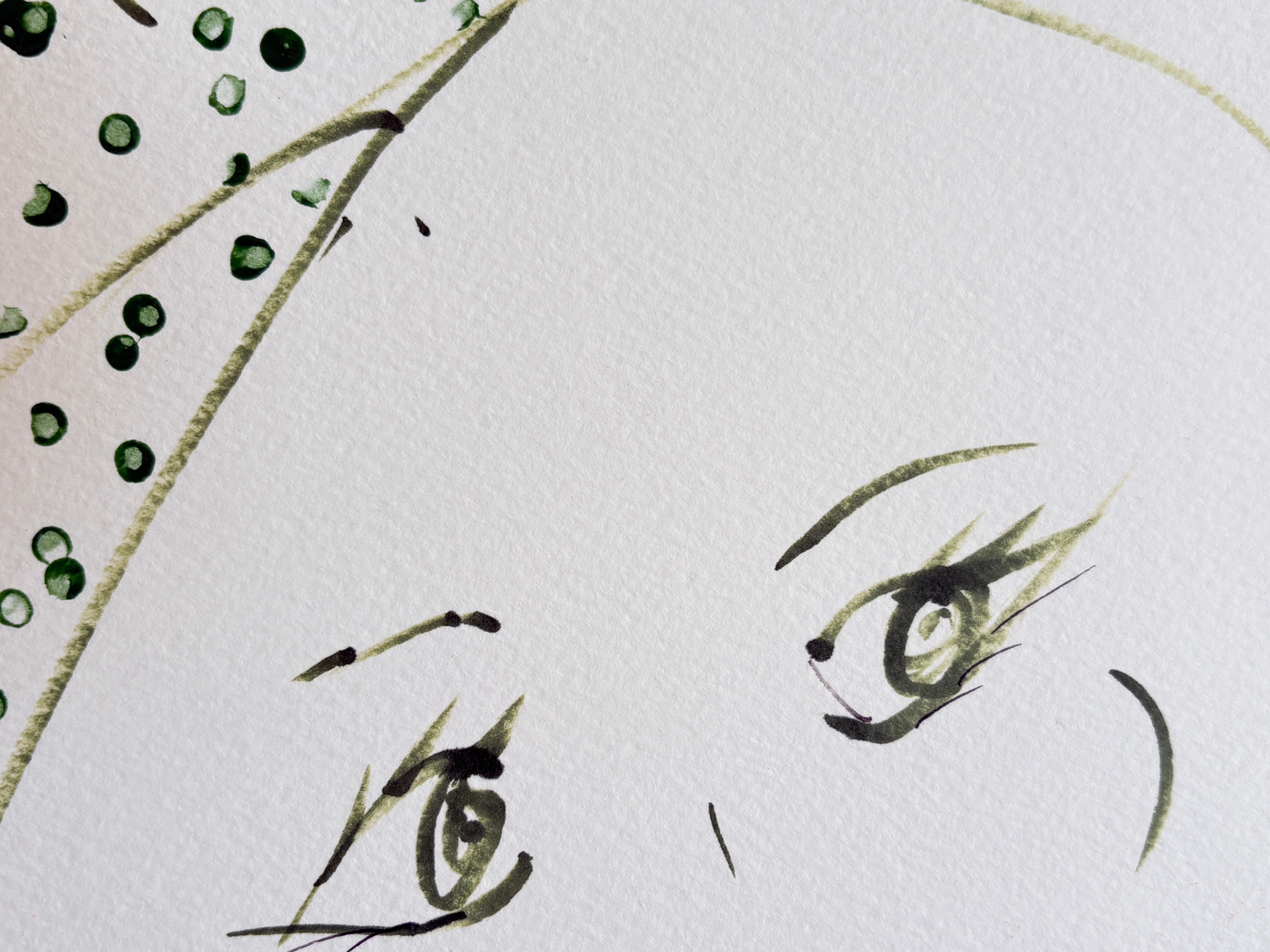 Retrato de mujer con diadema verde y pájaro amarillo  Dibujo original de Devie - Animal Art Gris de Devie Elzafon