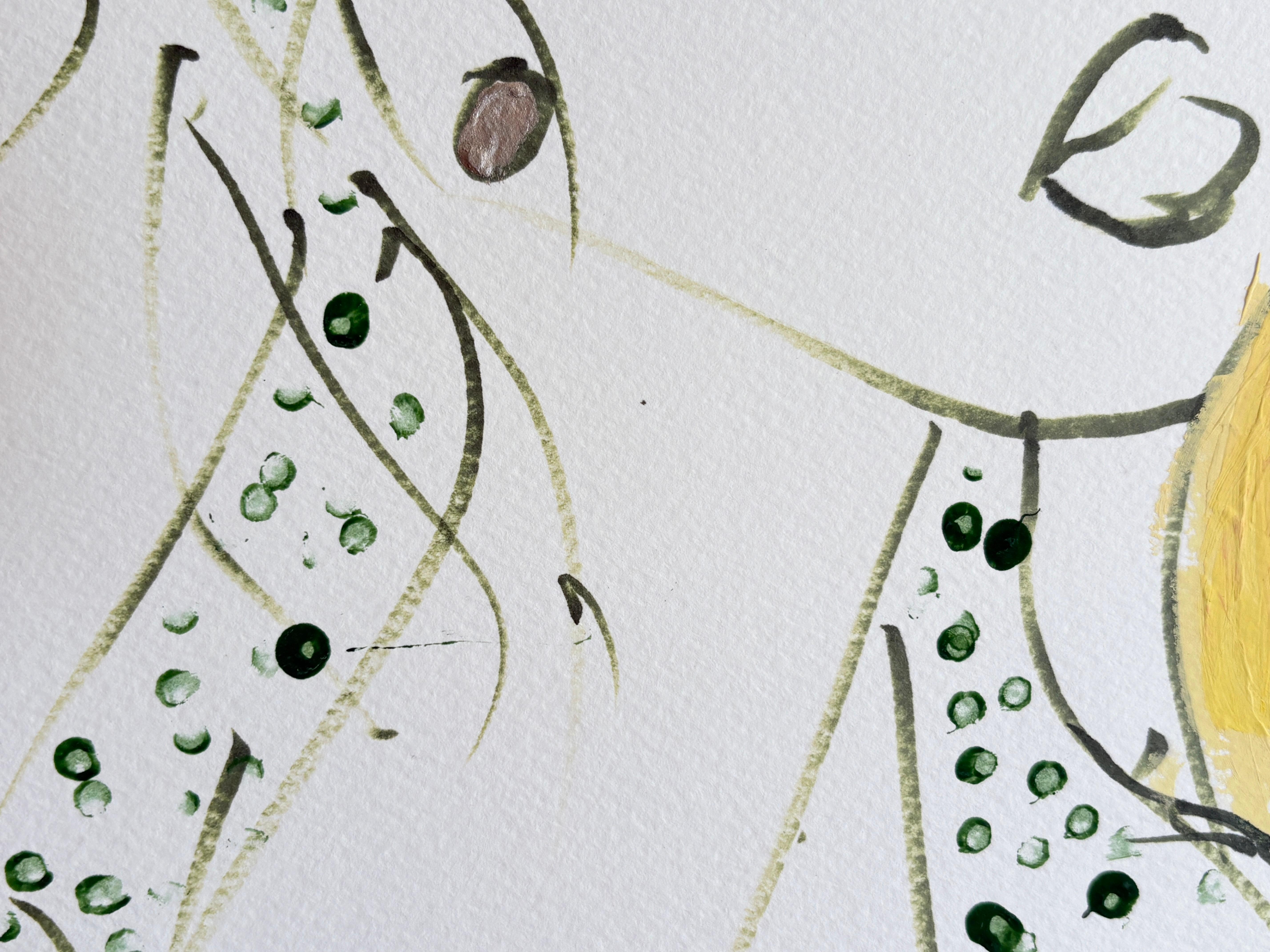 Retrato de mujer con diadema verde y pájaro amarillo  Dibujo original de Devie en venta 3