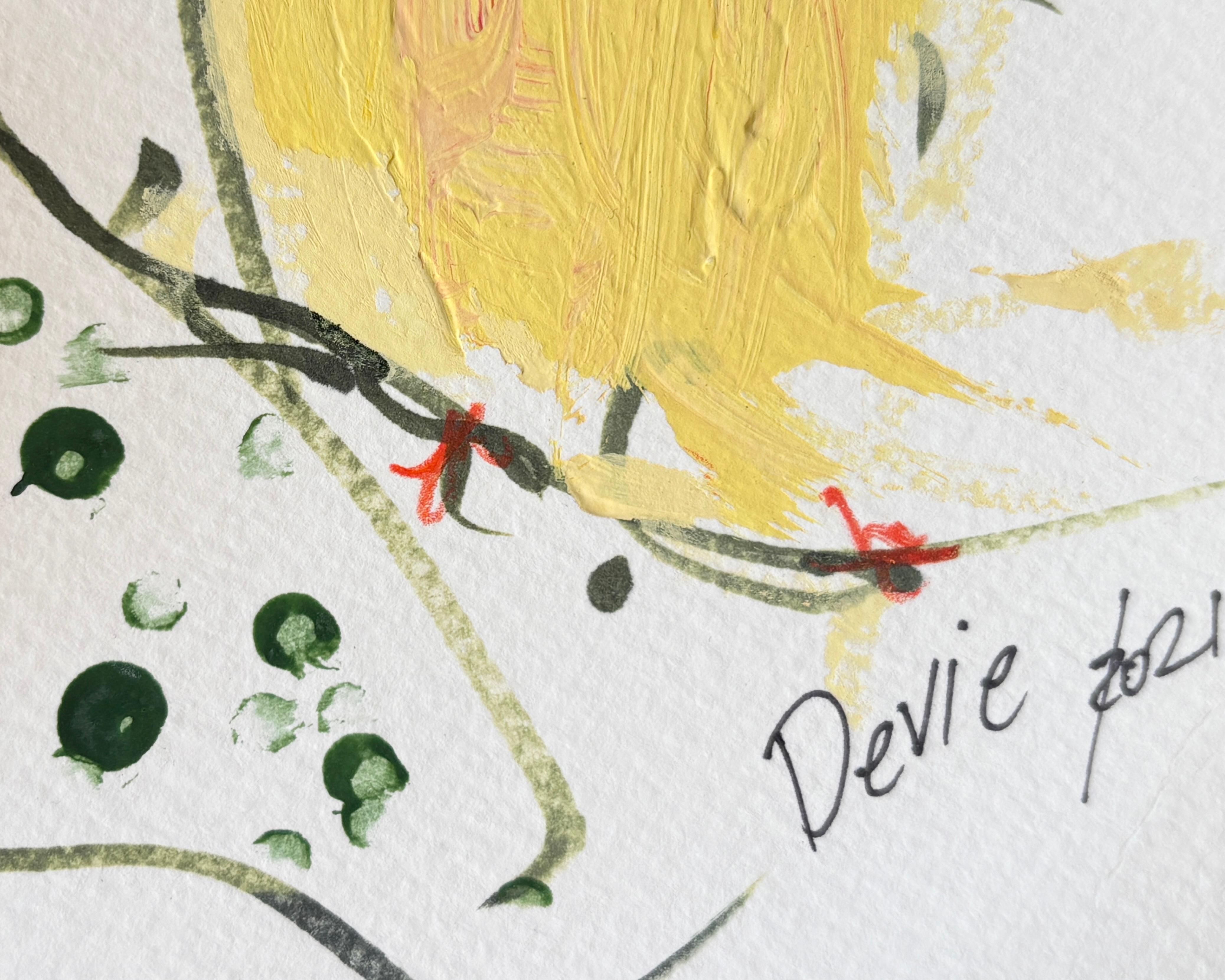 Retrato de mujer con diadema verde y pájaro amarillo  Dibujo original de Devie en venta 7