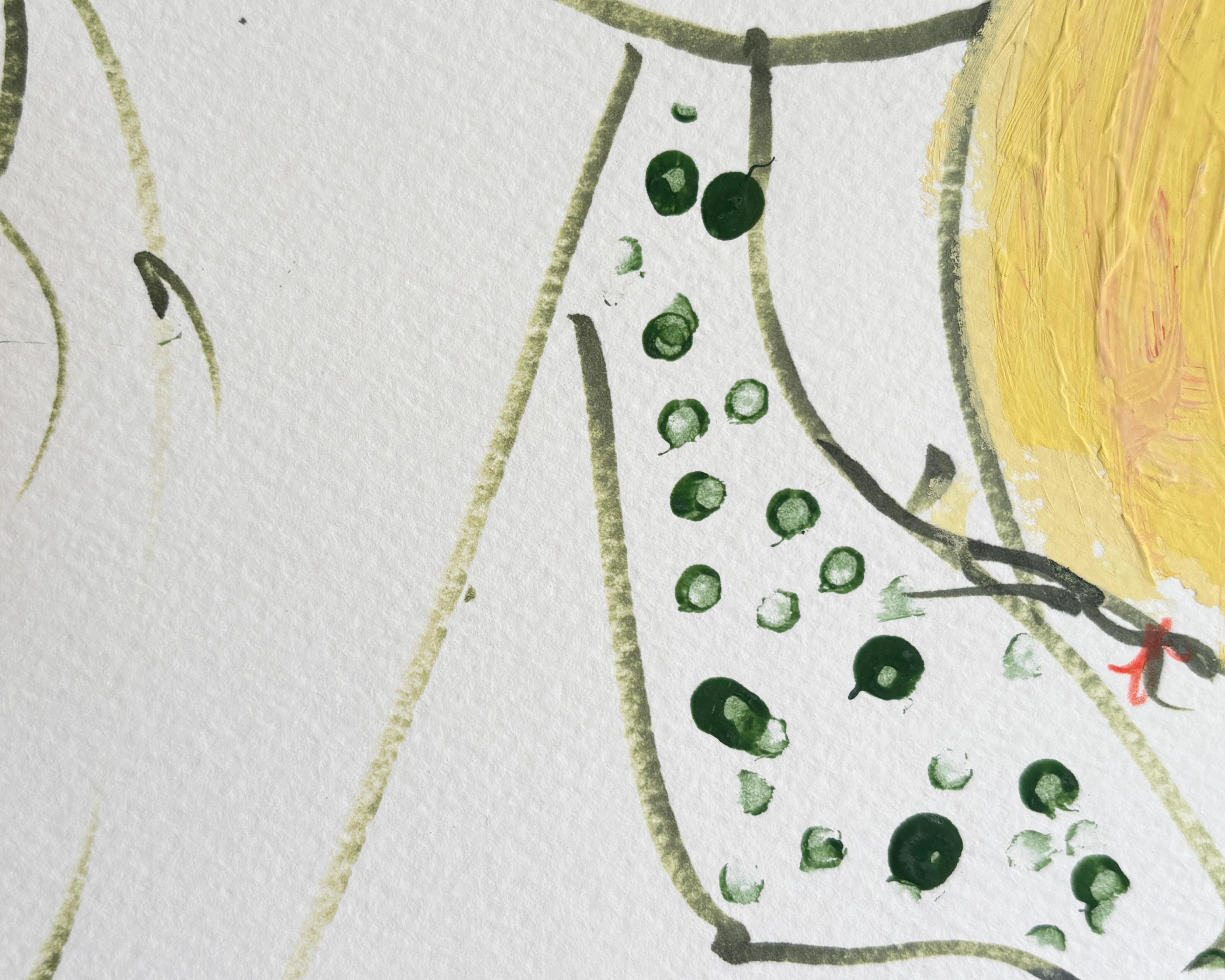 Retrato de mujer con diadema verde y pájaro amarillo  Dibujo original de Devie en venta 6