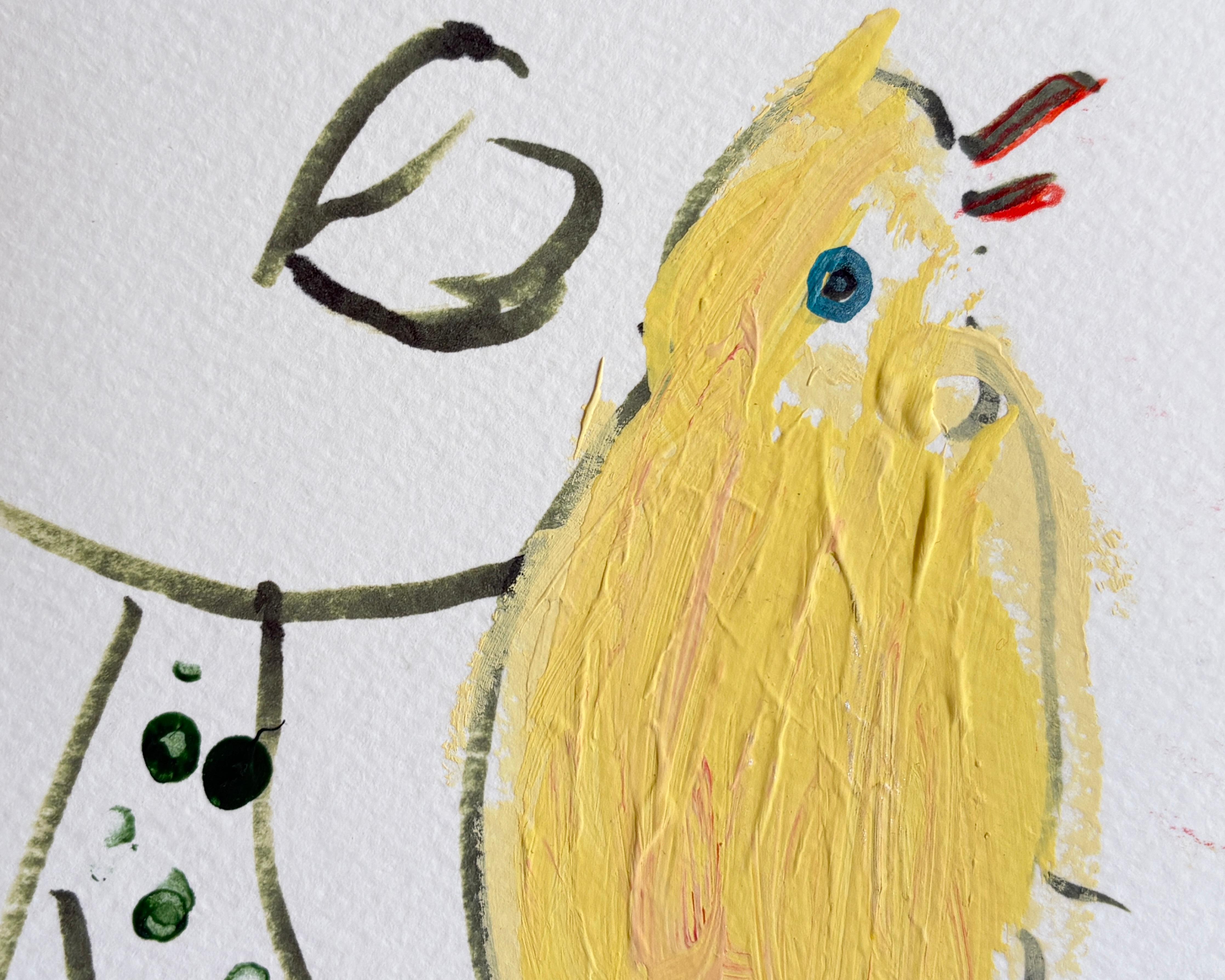 Retrato de mujer con diadema verde y pájaro amarillo  Dibujo original de Devie en venta 5