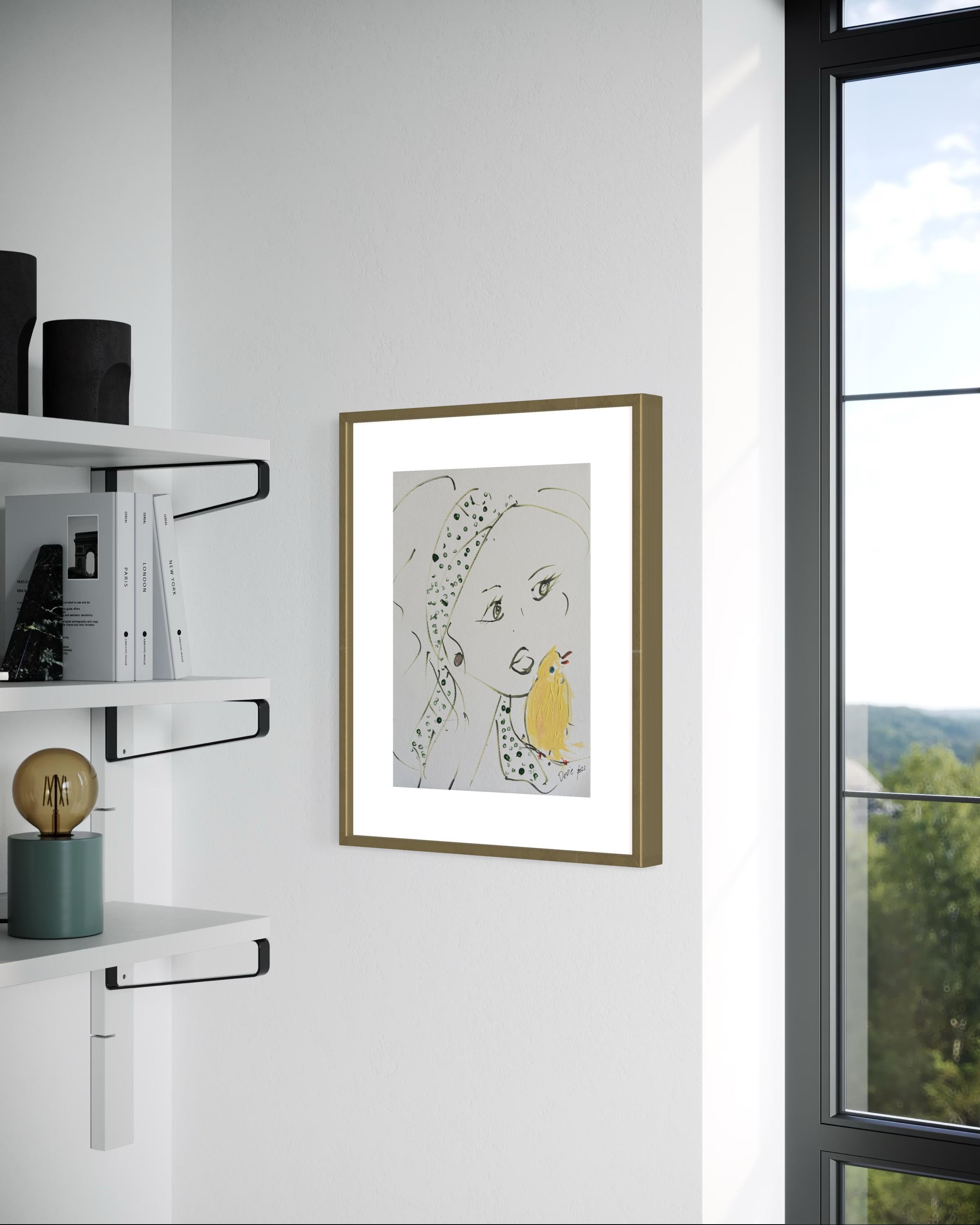 Retrato de mujer con diadema verde y pájaro amarillo  Dibujo original de Devie en venta 4