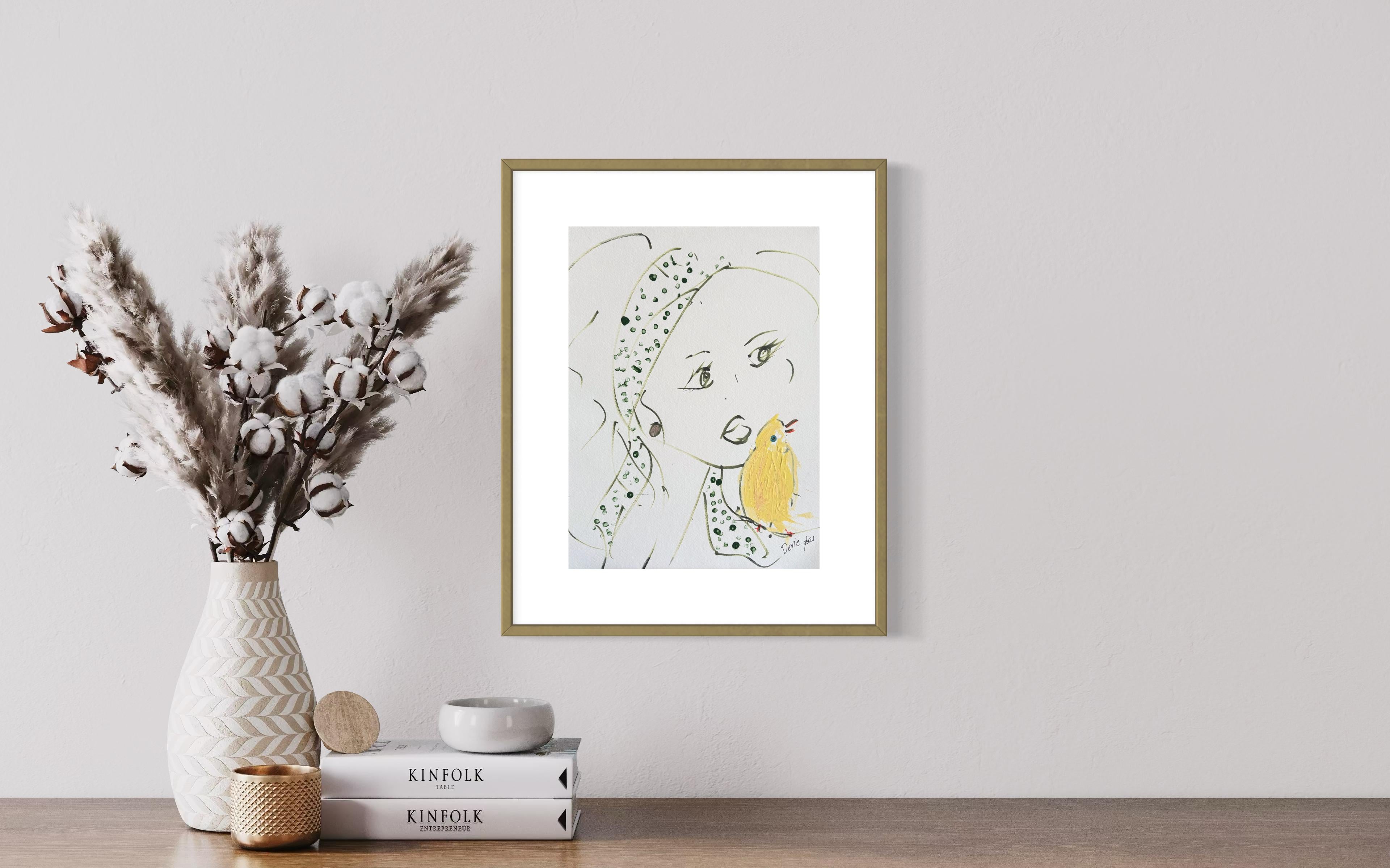 Retrato de mujer con diadema verde y pájaro amarillo  Dibujo original de Devie - Art de Devie Elzafon