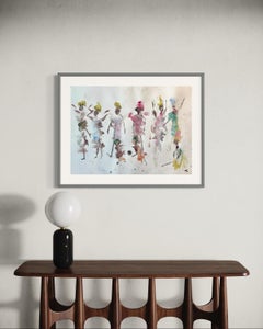 "Friendship II" - Aquarelle figurative minimaliste de femmes et d'enfants sur papier