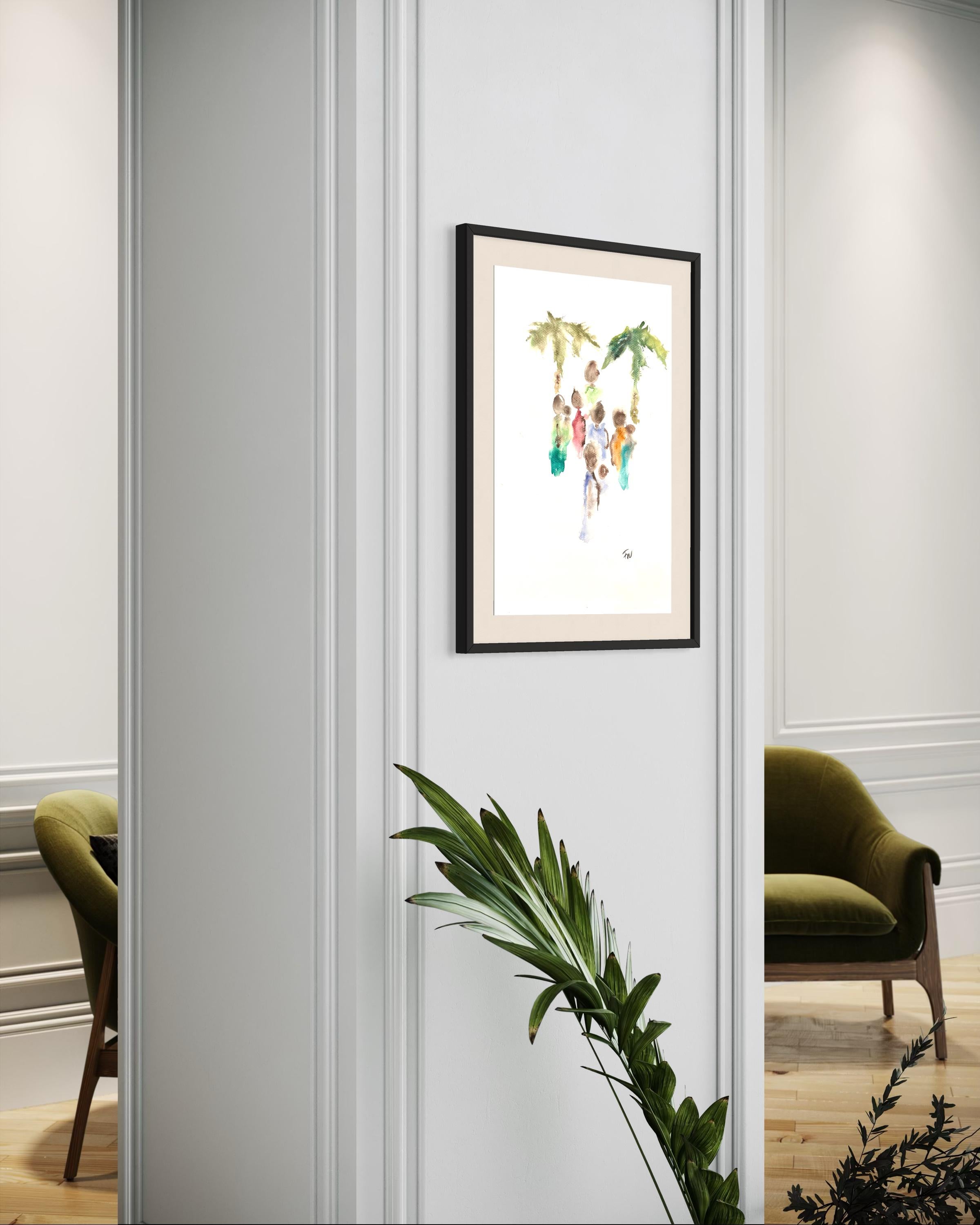 „Two Palms“ von Frida Willis - Atemberaubendes minimalistisches farbenfrohes Aquarellgemälde im Angebot 2