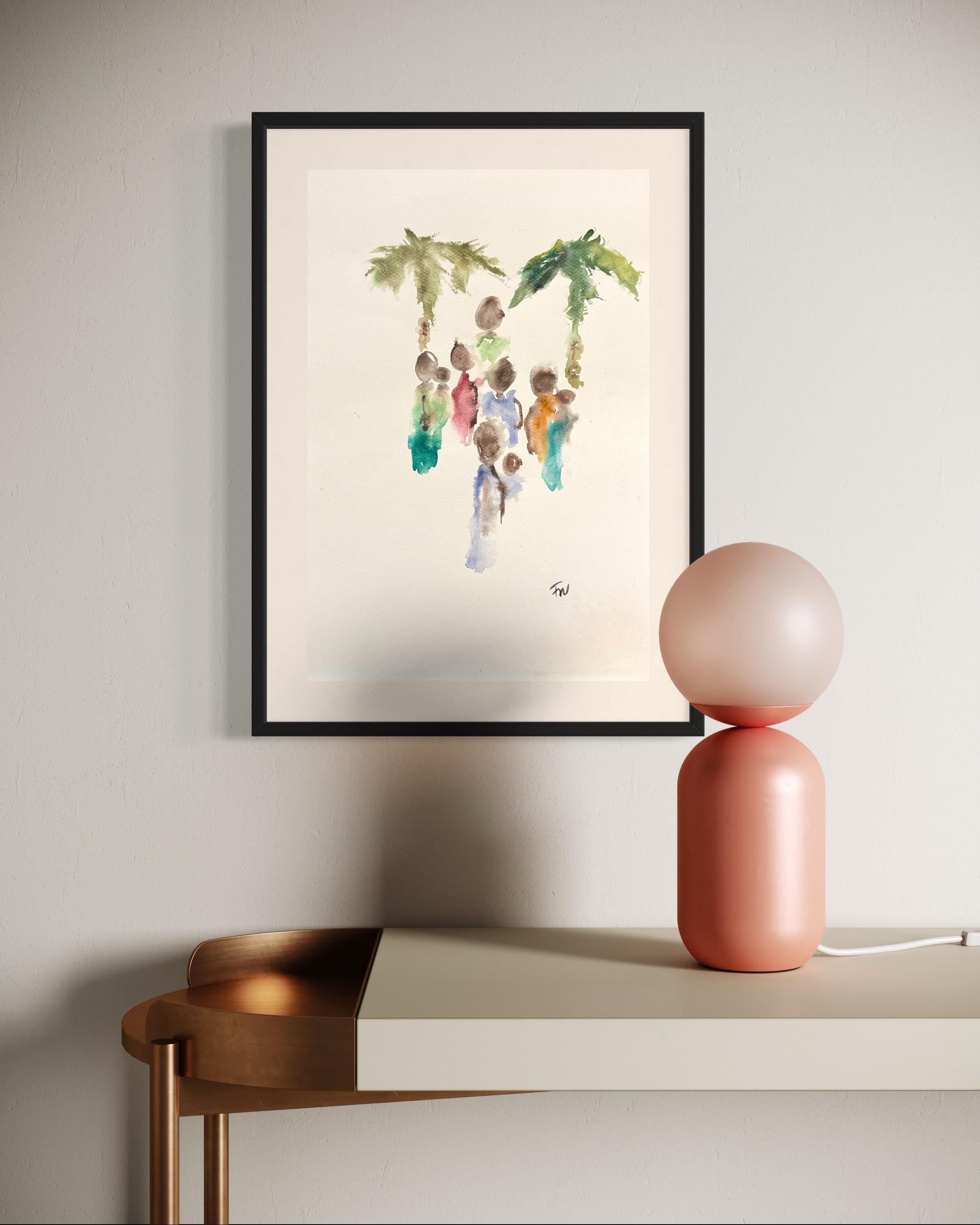 „Two Palms“ von Frida Willis - Atemberaubendes minimalistisches farbenfrohes Aquarellgemälde im Angebot 1