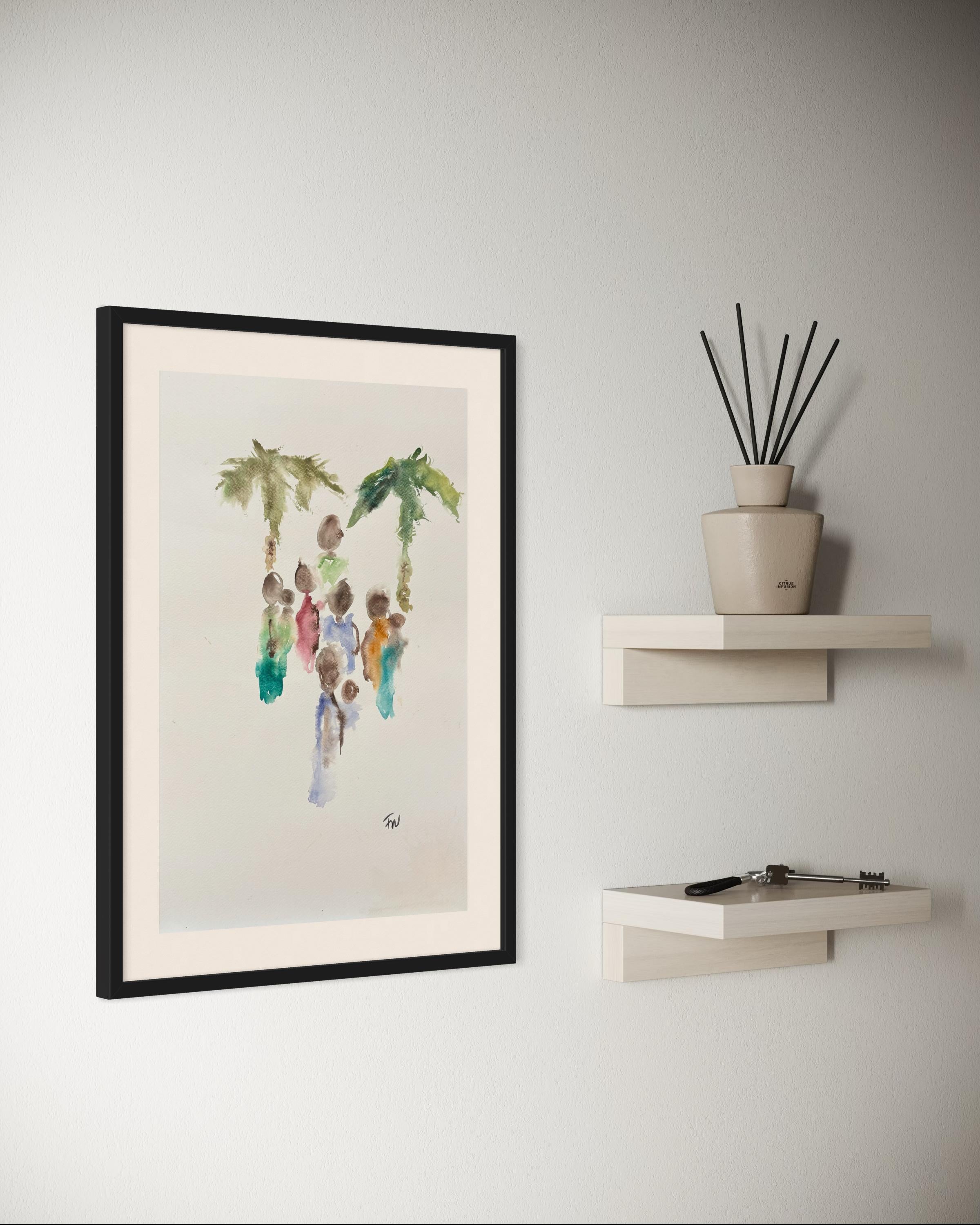 „Two Palms“ von Frida Willis - Atemberaubendes minimalistisches farbenfrohes Aquarellgemälde im Angebot 8