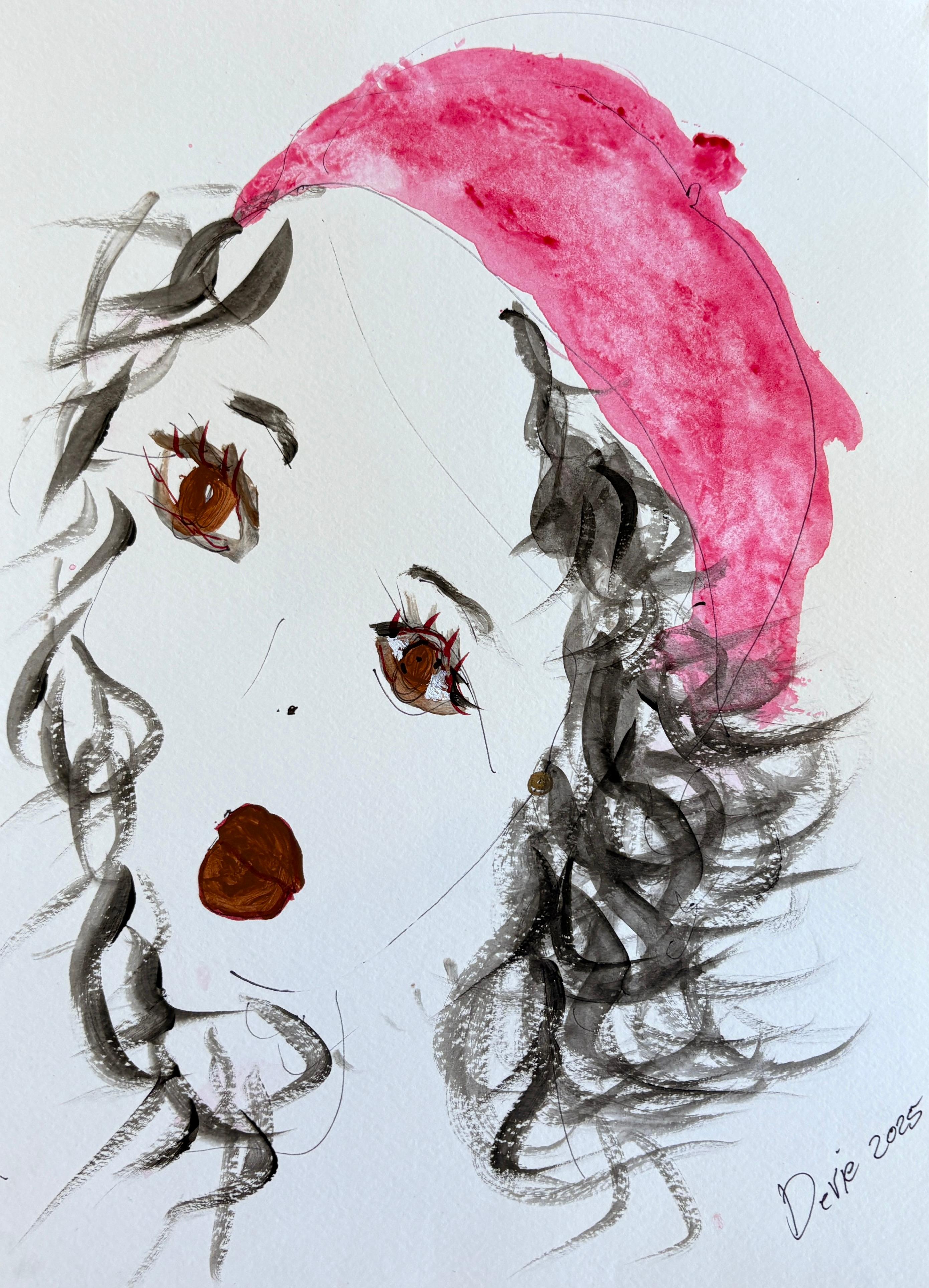 "Pink Beret" - Mixed Media Minimalist Portrait - Woman with Black Hair, Red Lips - Art di Devie Elzafon