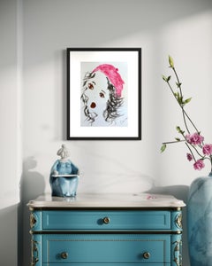 "Pink Beret" - Mixed Media Minimalist Portrait - Woman with Black Hair, Red Lips