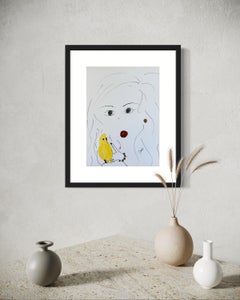 "My Lovebird and I" - Original Minimalist Ink and Acrylic Portrait - Yellow Bird