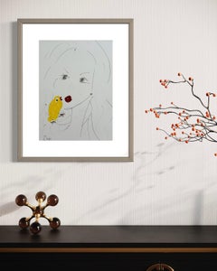 "Little Yellow Bird" - Minimalist Ink and Acrylic Portrait with a Small Bird