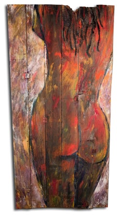 'Nude In Red & White' , Oil On Reclaimed Wood