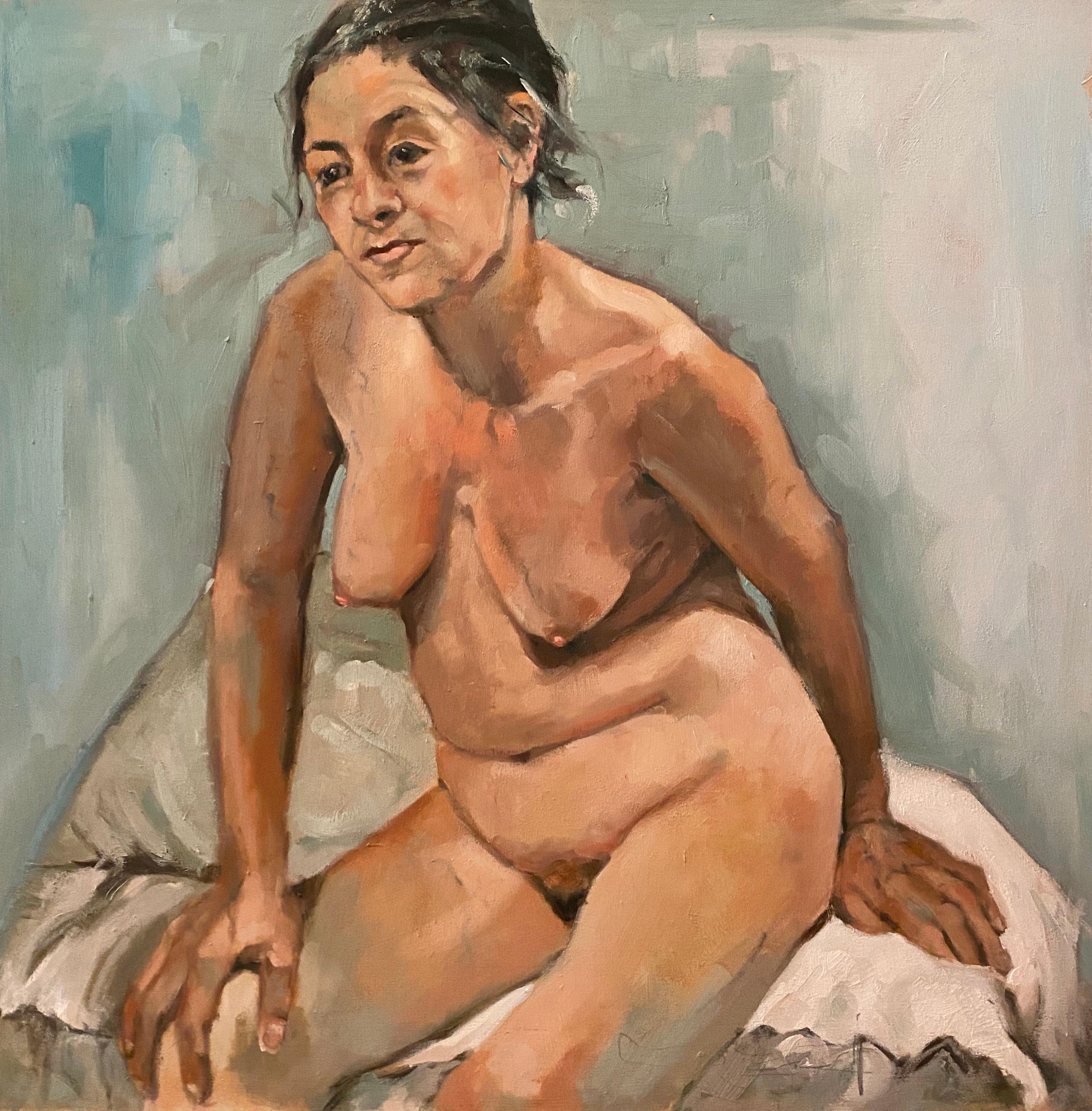 Sitzende Frau in weißem Raum Figurative nackte weibliche Zeitgenössische von Shana Wilson