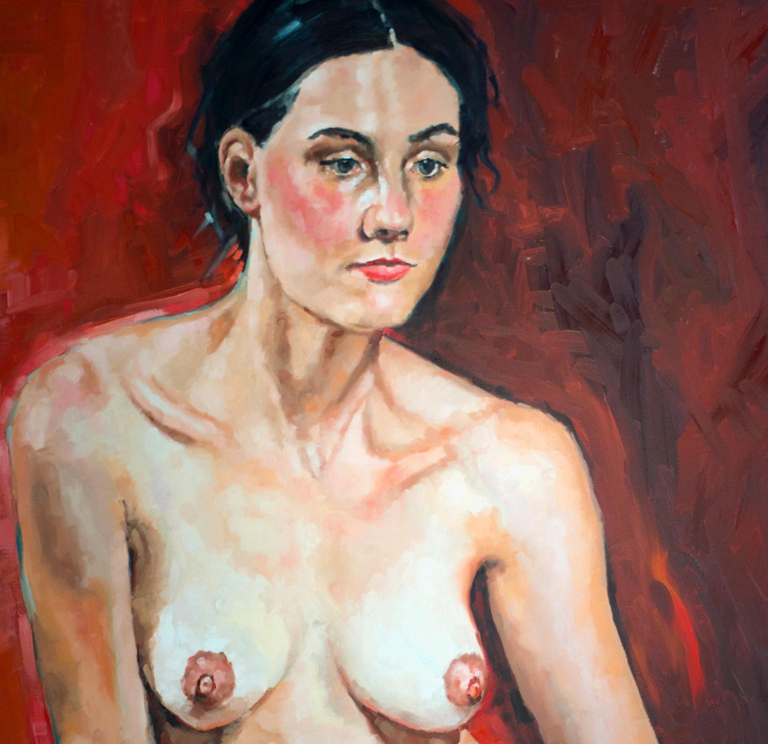 Sièges pour femmes  Sur fond rouge Figurative Nude Female Model Huile sur toile - Noir Portrait Painting par Shana Wilson