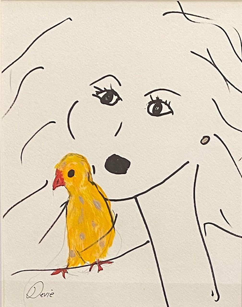 Unknown Portrait – „Frau mit gelbem Vogel“ Originalzeichnung  Acryl und Tinte auf Papier 