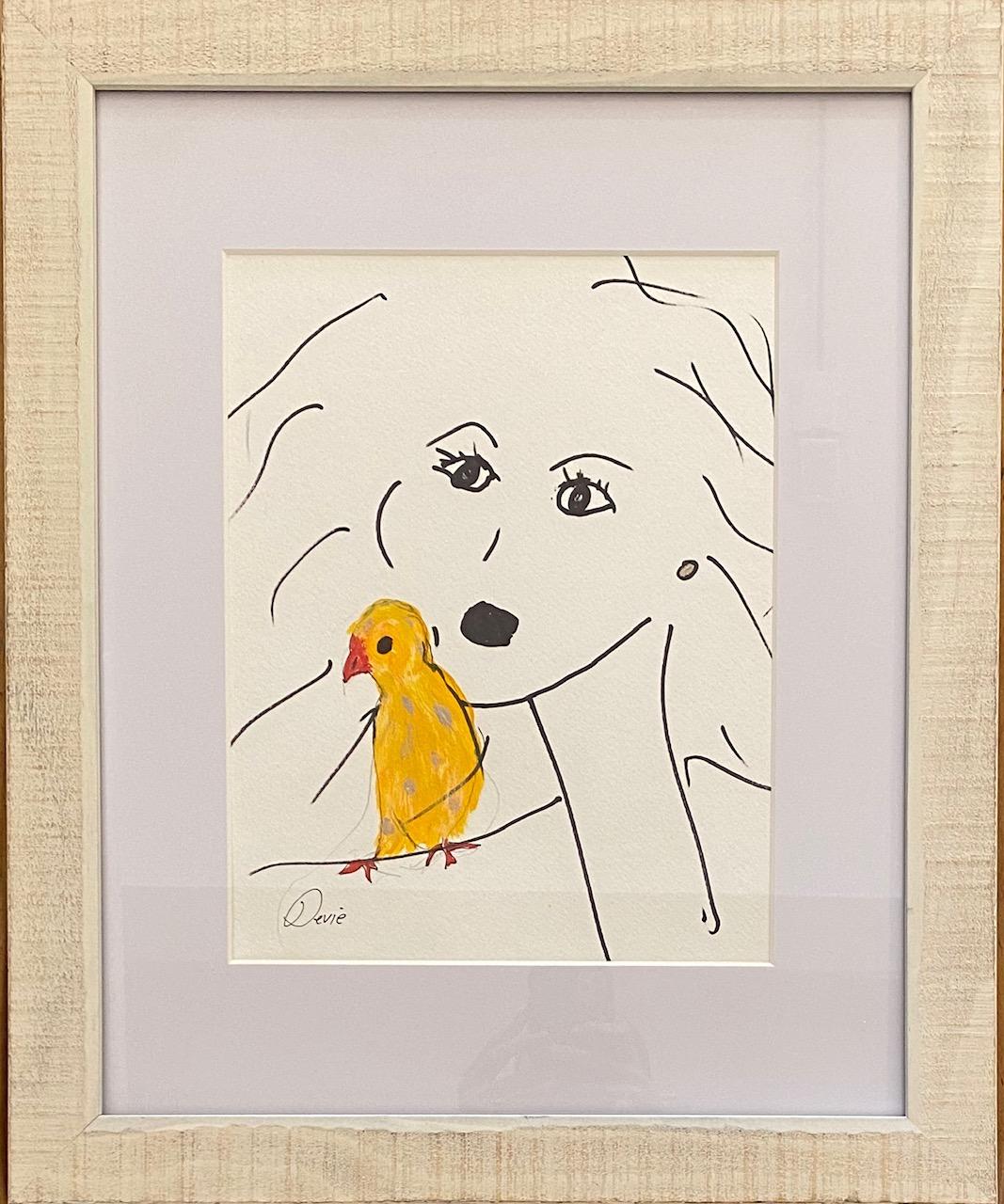 „Frau mit gelbem Vogel“ Originalzeichnung  Acryl und Tinte auf Papier  – Art von Unknown