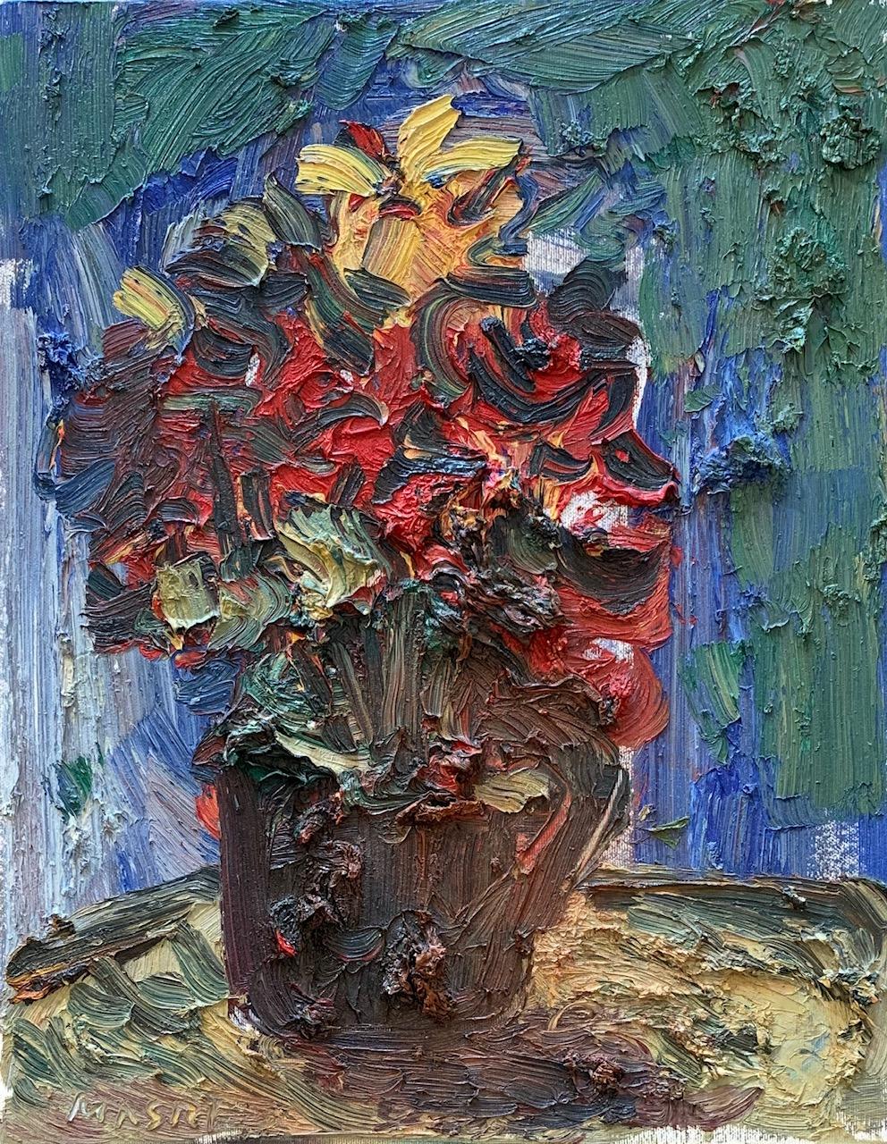 Masri Hayssam Still-Life Painting - "Red And Yellow Flowers" Oil on Canvas by Masri