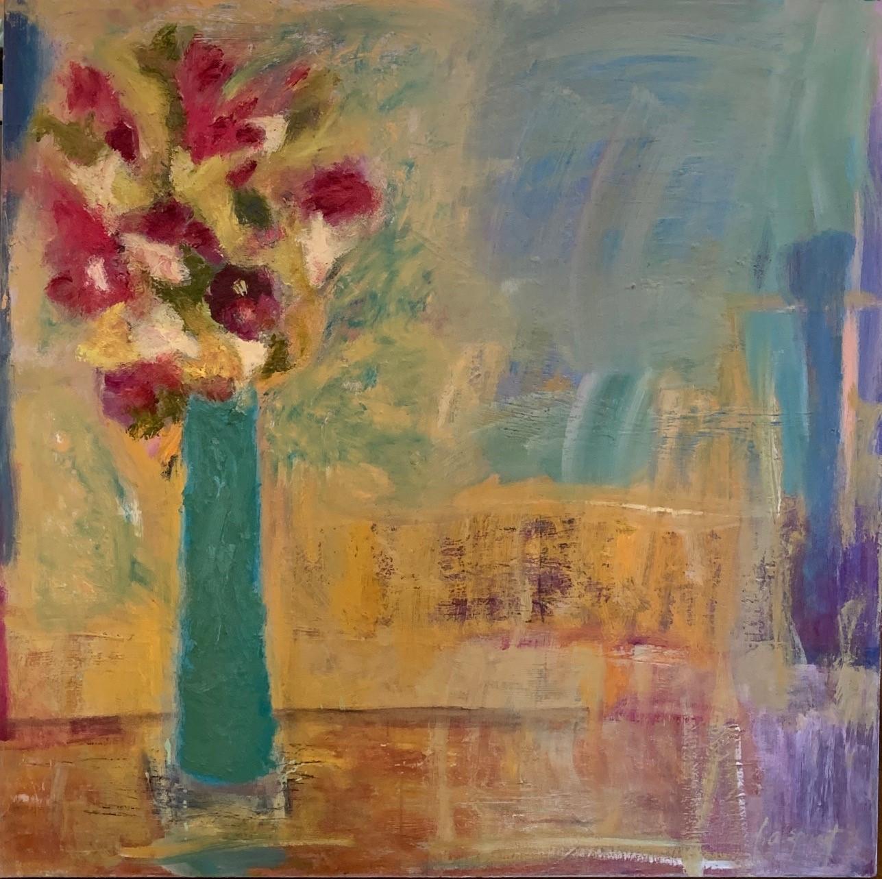 Lesley Spowart Still-Life Painting - Green Vase And Red Flowers