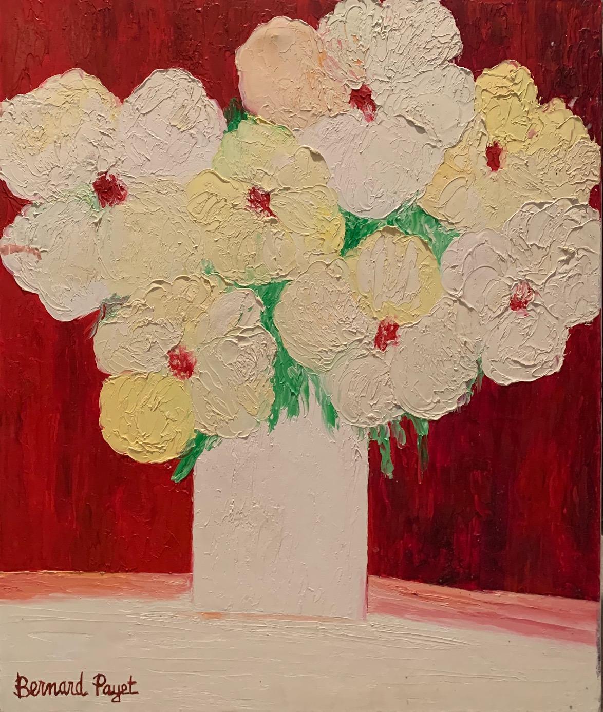 Bernard Payet Still-Life Painting - "White flowers on a red background”