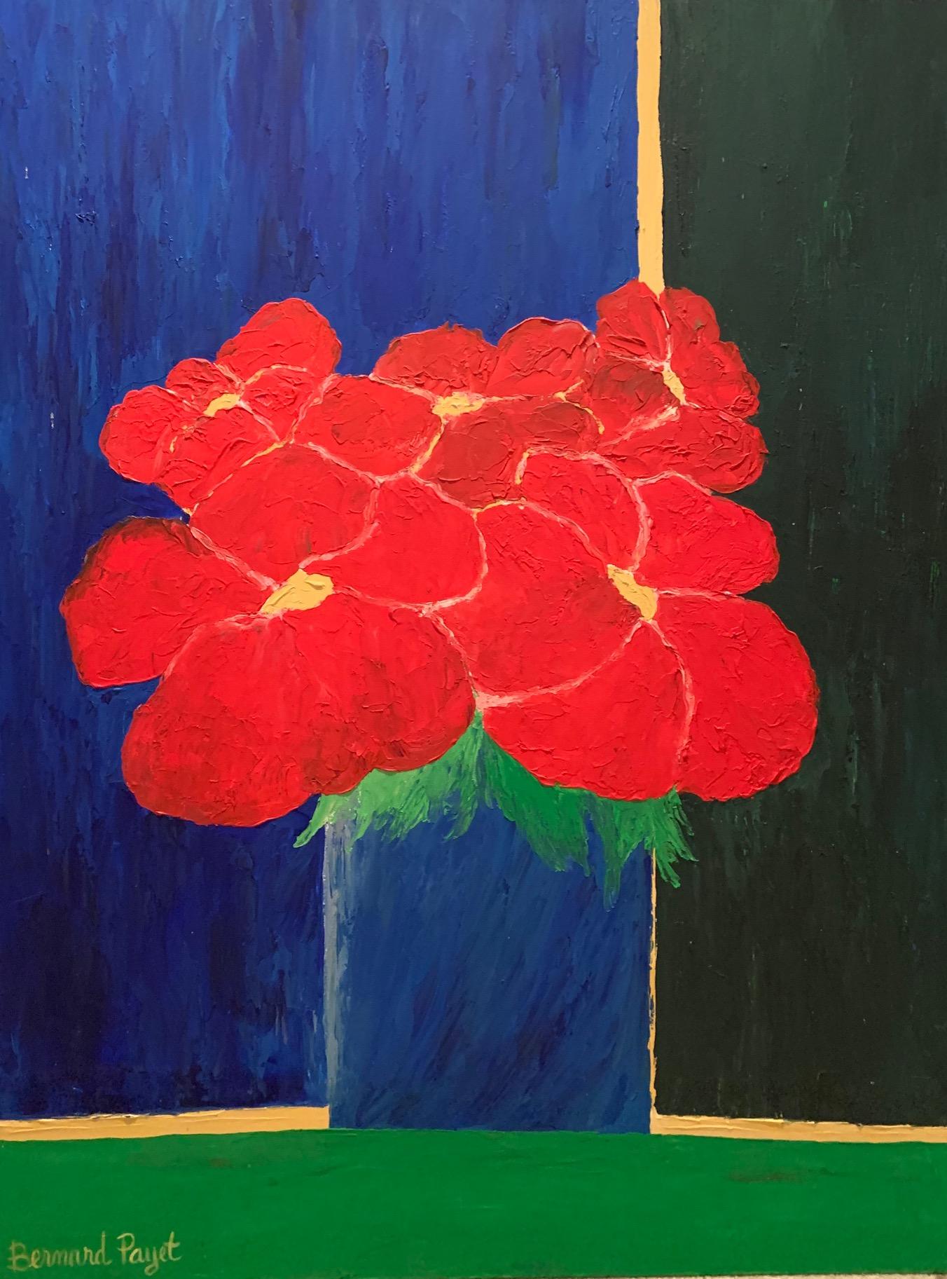 Bernard Payet Still-Life Painting - "Blue Vase Red Flowers” - Vibrant Still-Life - Floral Painting