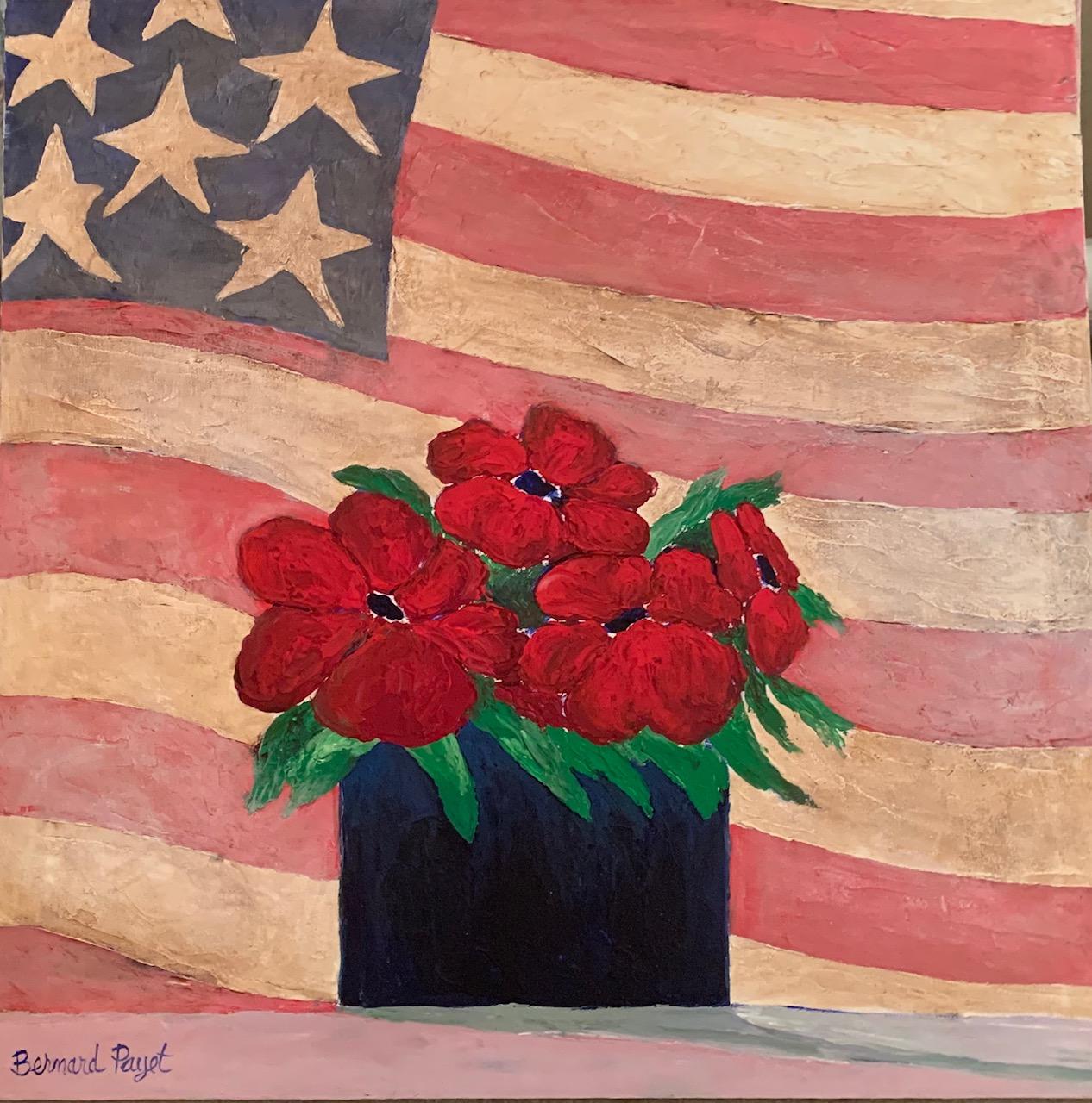 Bernard Payet Still-Life Painting – Rote Blumen und Amerika-Flagge