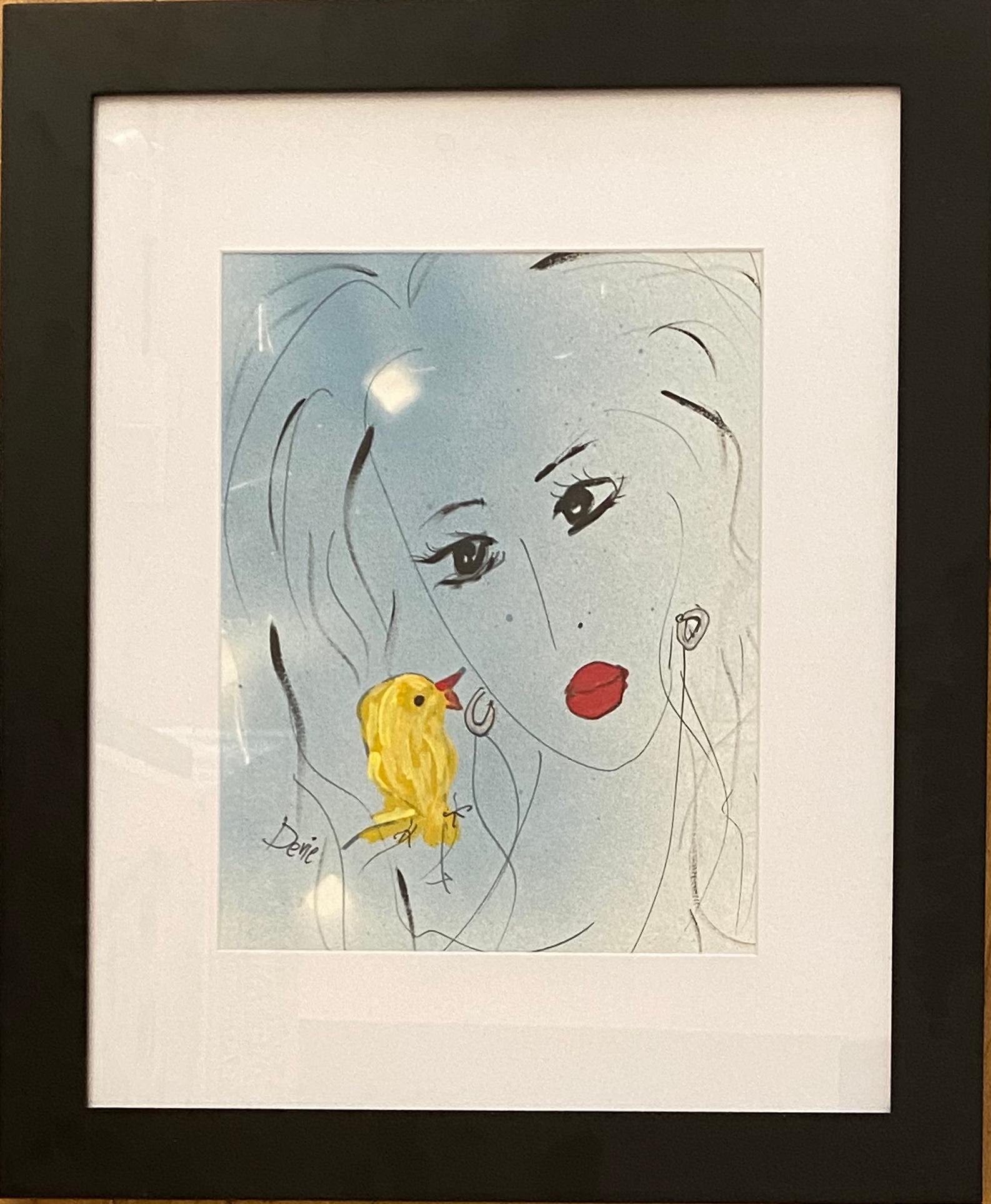 Acrylique et crayon « My Yellow Pet » de Devie - Art de Devie Elzafon
